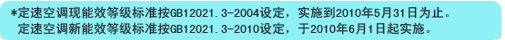 *定速空调现能效等级标准按GB12021.3-2004设定，实施到2010年5月31日为止。 定速空调新能效等级标准按GB12021.3-2010设定，于2010年6月1日起实施。